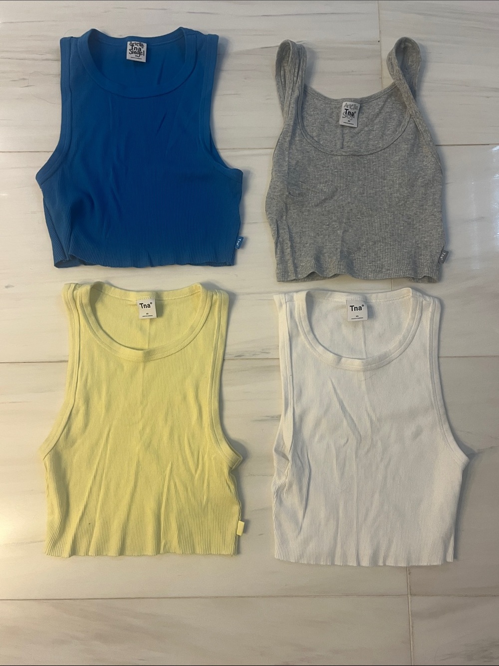 Aritzia TNA Ribbed Cropped Tank Top - Blue, Gray, Yellow, White Bundle